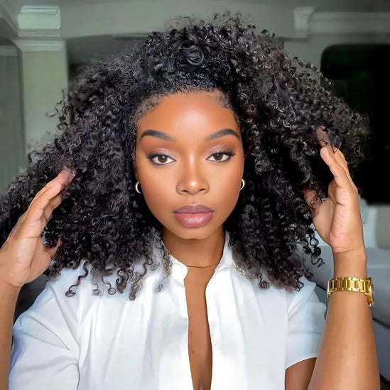 Half Wig Human Hair Kinky Curly Glueless Wig Upgrade 3 IN 1 Half Wig With Drawstring Seamless Clip Ins Flip Over