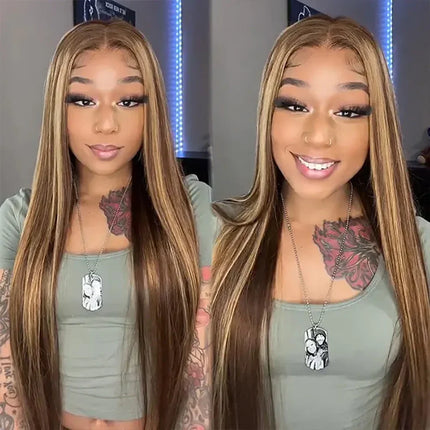 6x4 Closure Glueless Wig Wear And Go Highlight Brown Human Hair Wigs Transparent Ombre 4/27 Highlight Colored Straight Wig