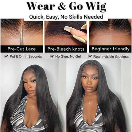 Pre Bleached Knots Straight Glueless Human Hair Wig Pre Cut PrePlucked Lace Front Wig HD Transparent Wear And Go Wig