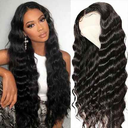 Woman with long black hair and a close-up of a wig with deep wave texture, branded 'ISEE'.