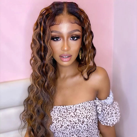 Ombre Highlight Deep Wave Lace Front Wigs Human Hair 4/27 Colored Plucked 13x4 HD Transparent Lace Frontal Wig 200% Density