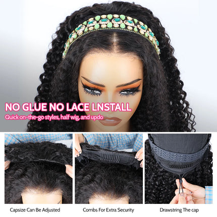 Kinky Straight Glueless Wigs Human Hair Wigs Upgrade 3 IN 1 Half Wig With Drawstring Seamless Clip Ins Flip Over