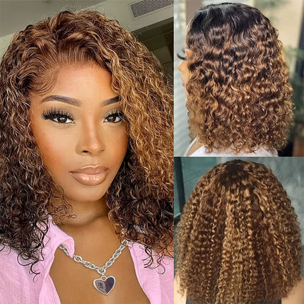 P4/27 Highlight Ombre Lace Front Wig Human Hair Curly Glueless Wear And Go Short Bob HD Transparent Lace Frontal Wig Pre Plucut