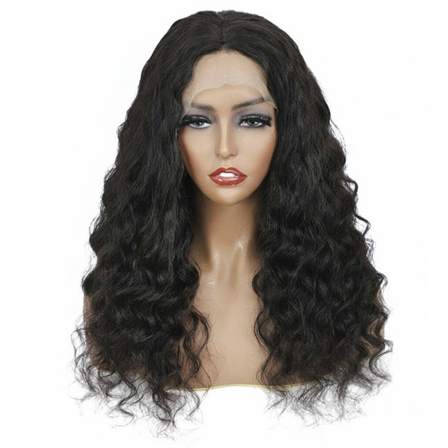 Black wig on a mannequin head with 'ISEE' branding.