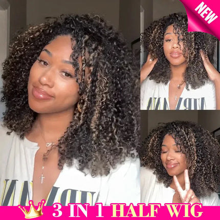 Half Wig 1B/30 Highlight Brown Kinky Curly Wear Go Glueless Wigs Draw-strings Flip Over Half Curly Wig for Beginner