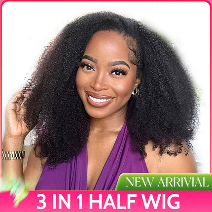 Glueless Wigs Upgrade 3 IN 1 Half Wig With Drawstring Seamless Clip Ins Flip Over Human Hair Afro Curly Headband Wig Hair