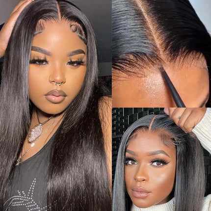 Pre Bleached Knots Straight Glueless Human Hair Wig Pre Cut PrePlucked Lace Front Wig HD Transparent Wear And Go Wig