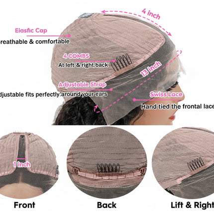 Detailed view of a wig cap with labeled features, including breathable material and adjustable straps, on a white background.