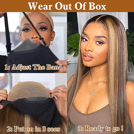 6x4 Closure Glueless Wig Wear And Go Highlight Brown Human Hair Wigs Transparent Ombre 4/27 Highlight Colored Straight Wig