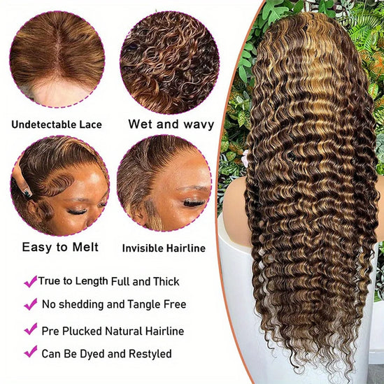 Ombre Highlight Deep Wave Lace Front Wigs Human Hair 4/27 Colored Plucked 13x4 HD Transparent Curly Lace Frontal Wig for Women Highlight Ombre Lace Front Wig Human Hair 13x4 HD Honey Blonde 4/27 Deep Wave Straight Lace Frontal Wigs