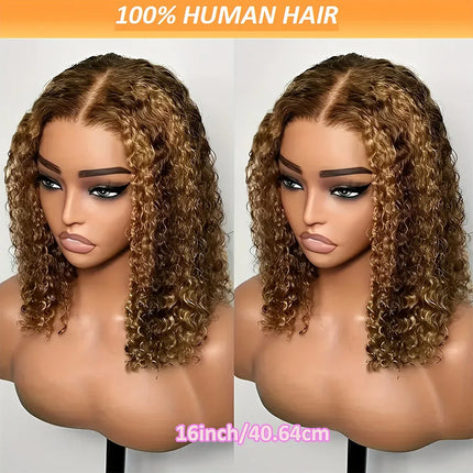 P4/27 Highlight Ombre Lace Front Wig Human Hair Curly Glueless Wear And Go Short Bob HD Transparent Lace Frontal Wig Pre Plucut