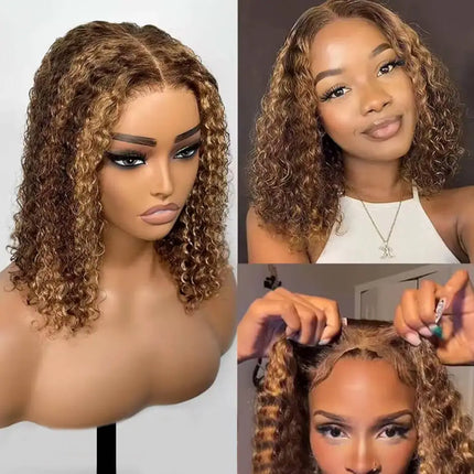 Half Wig 1B/30 Highlight Brown Kinky Curly Wear Go Glueless Wigs Draw-strings Flip Over Half Curly Wig for Beginner