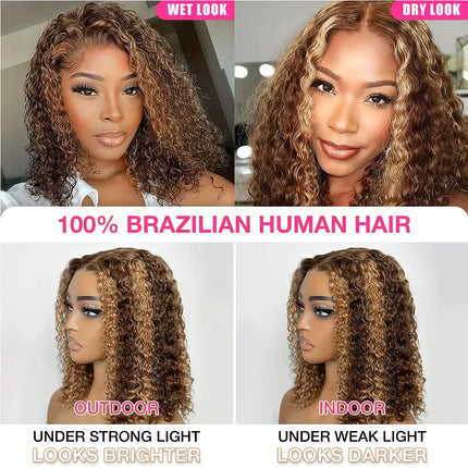 P4/27 Highlight Ombre Lace Front Wig Human Hair Curly Glueless Wear And Go Short Bob HD Transparent Lace Frontal Wig Pre Plucut