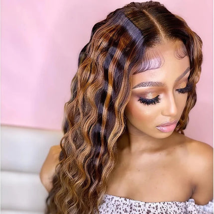 Ombre Highlight Deep Wave Lace Front Wigs Human Hair 4/27 Colored Plucked 13x4 HD Transparent Lace Frontal Wig 200% Density
