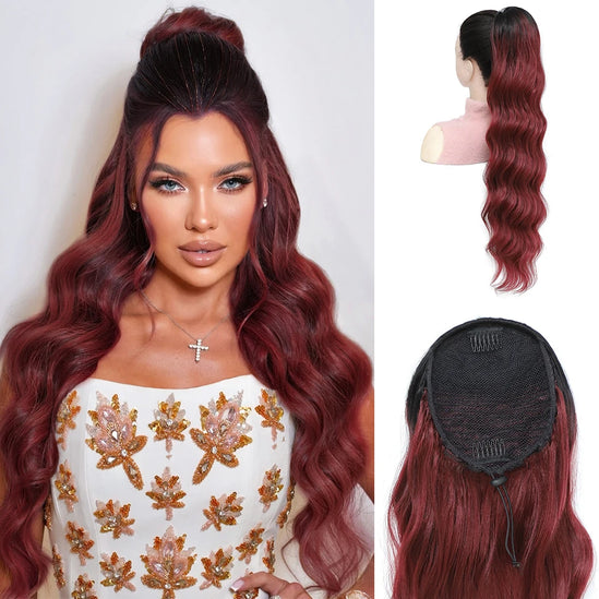 Curly Pony Tail Hair Extensions 24 28 Inch Synthetic Horse Tail For Black Women Ombre Brown Red False Drawstring Ponytail Clip In
