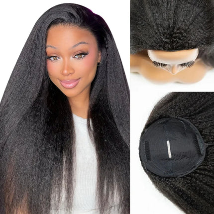 Kinky Straight Glueless Wigs Human Hair Wigs Upgrade 3 IN 1 Half Wig With Drawstring Seamless Clip Ins Flip Over