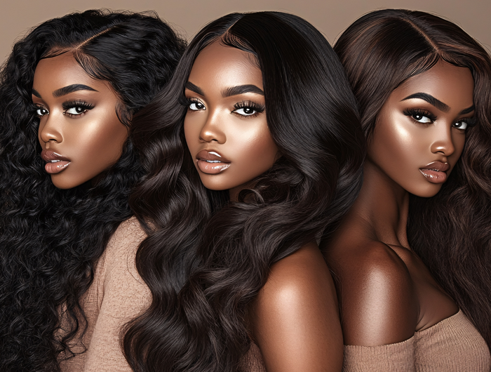 Three women with long, wavy black hair against a brown background