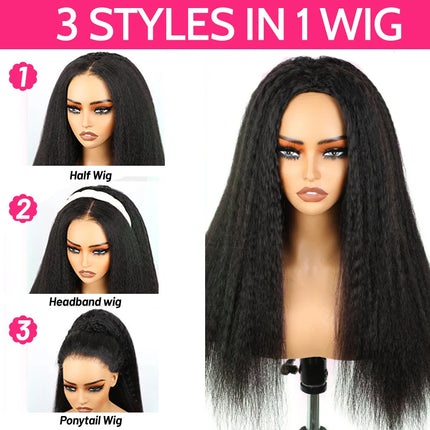 Kinky Straight Glueless Wigs Human Hair Wigs Upgrade 3 IN 1 Half Wig With Drawstring Seamless Clip Ins Flip Over