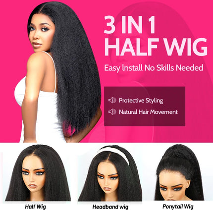 Kinky Straight Glueless Wigs Human Hair Wigs Upgrade 3 IN 1 Half Wig With Drawstring Seamless Clip Ins Flip Over