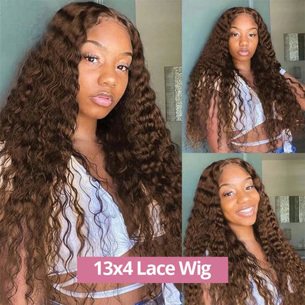 Chocolate Brown Deep Wave 13x6 Lace Front Wig Human Hair Curly #4 Colored Transparent 13x4 Lace Frontal Wig For Women Brazilian