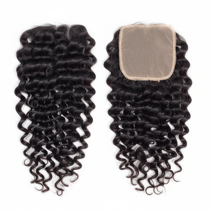 Two bundles of deep wave hair with a lace closure on a white background, featuring the brand 'ISEE'.