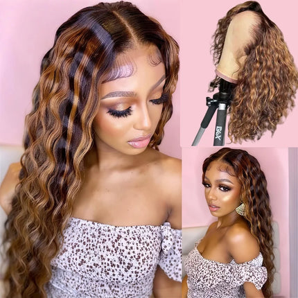 Ombre Highlight Deep Wave Lace Front Wigs Human Hair 4/27 Colored Plucked 13x4 HD Transparent Lace Frontal Wig 200% Density