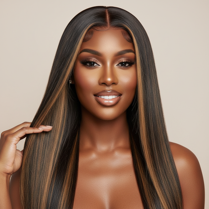 black model Wear Go Wig Highlight Peruvian Straight 6x4 HD Lace Glueless Preplucked Human Wigs Ready To Go square layout