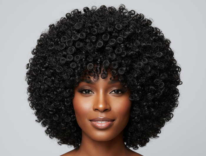 black model with black round curly short bob big