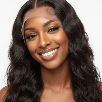 black model with smile style 7x5 Wear And Go Glueless Water Wave Human Hair wigs With Knots HD Lace Front Wig Pre Cut Pre Plucked Glueless Wigs