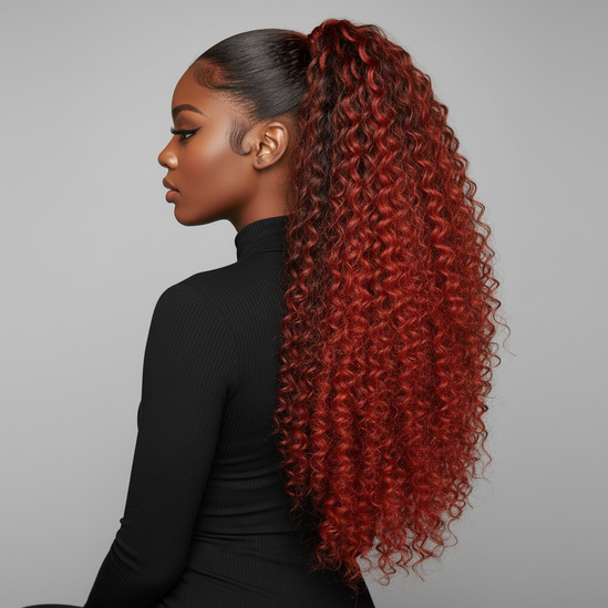 black model with square layout Curly Pony Tail Hair Extensions 24 28 Inch Synthetic Horse Tail For Black Women Ombre Brown Red False Drawstring Ponytail Clip In