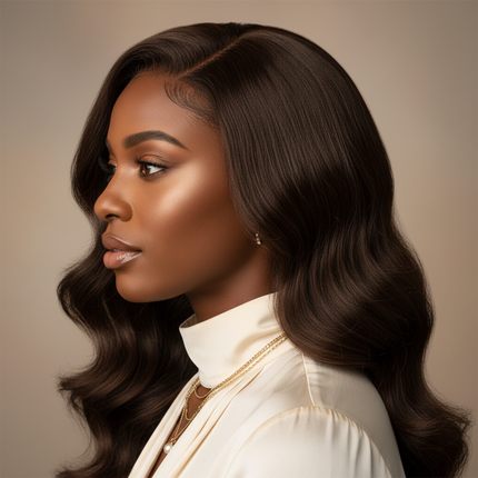 Black woman chocolate brown body wave wig, side profile, luxury elegance, professional headshot, square format