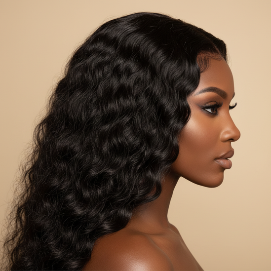 Black woman deep wave lace wig, side profile, luxury elegance, beauty headshot, square format