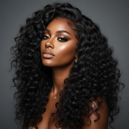 Black woman deep wave wig, head tilt, curly texture, beauty photo, square format