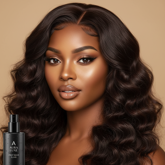 Black woman front facing wearing chocolate brown deep wave 13x6 lace front wig, professional beauty photo, square format