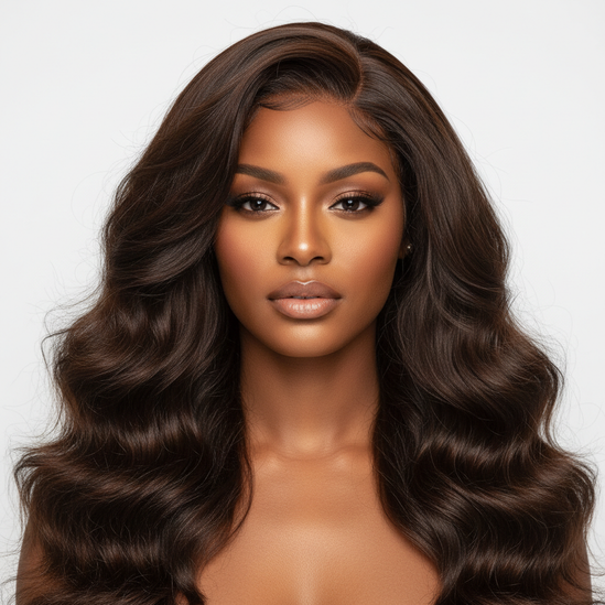 Black woman front facing wearing chocolate brown Peruvian body wave wig, professional beauty photo, square format