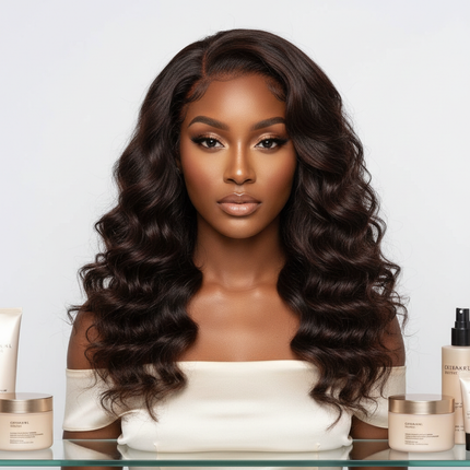 Black woman front facing wearing loose deep wave glueless wig, professional beauty photo, square format