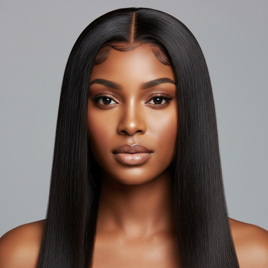 Black woman front facing wearing V part wig Brazilian straight hair, professional beauty photo, square format