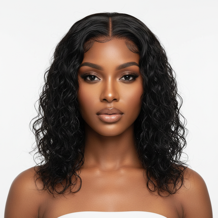 Black woman front facing wearing water wave bob wig, professional beauty photo, square format
