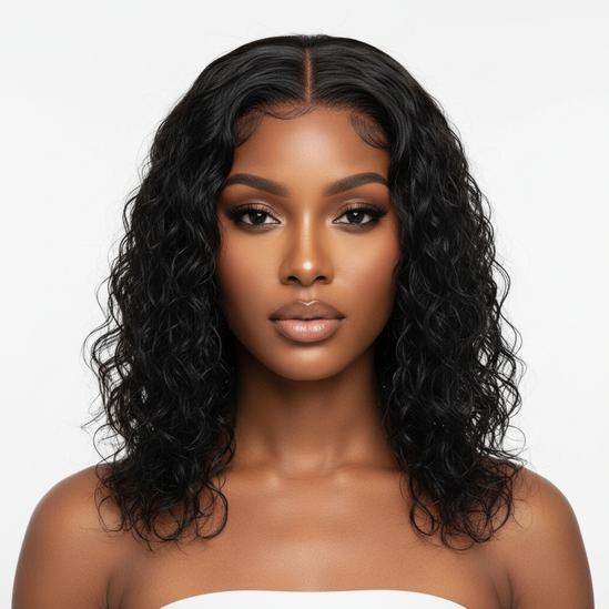 Black woman front facing wearing water wave bob wig, professional beauty photo, square format