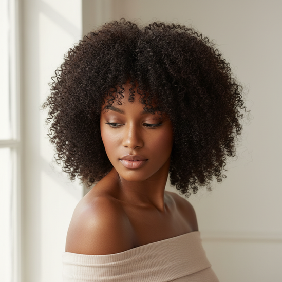 Black woman modeling glueless Brazilian short bob kinky curly wig, looking down shoulder pose, square format, natural lighting