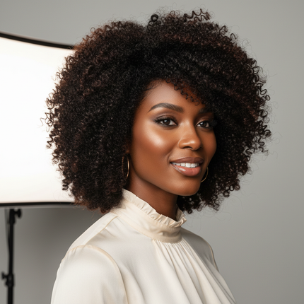 Black woman posing with glueless Brazilian kinky curly short bob wig, elegant side tilt head pose, square photo, natural beauty