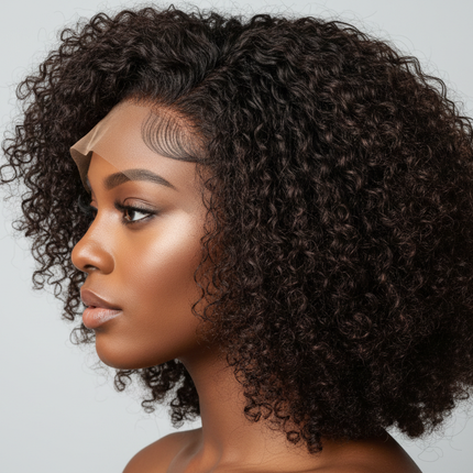 Black woman side profile kinky curly bob wig, glueless lace front
