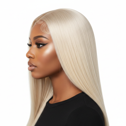 Black woman side profile straight blonde wig, sleek hair, lace front