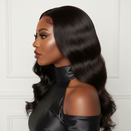 Black woman side profile water wave wig, luxury, square