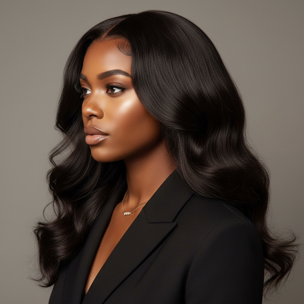 Black woman side profile with loose deep wave glueless wig, 3/4 angle, elegant professional portrait, square format