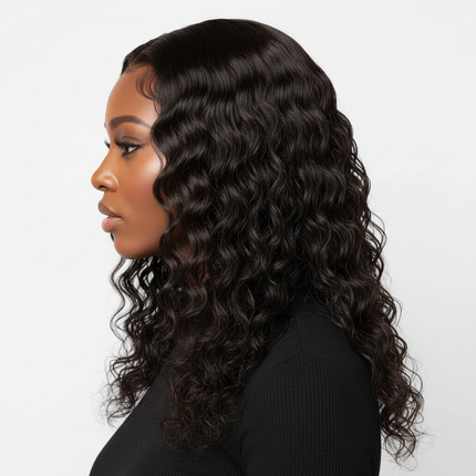 Black woman side view Mongolian water wave wig, square layout, professional portrait