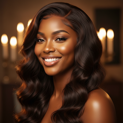 Black woman smile water wave wig, happy, square