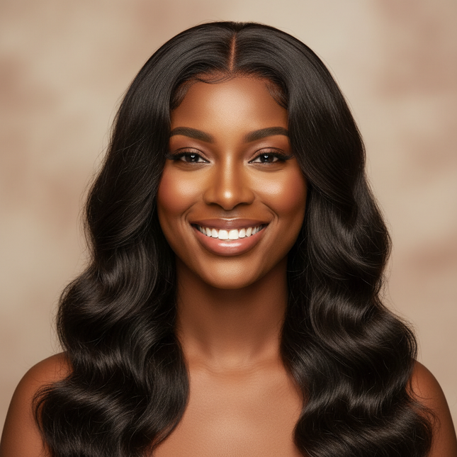 Black woman smiling water wave wig front, square, professional