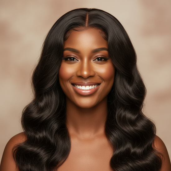 Black woman smiling water wave wig front, square, professional