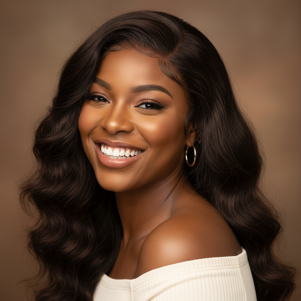 Black woman smiling with chocolate brown deep wave wig, happy expression, beauty portrait, square format